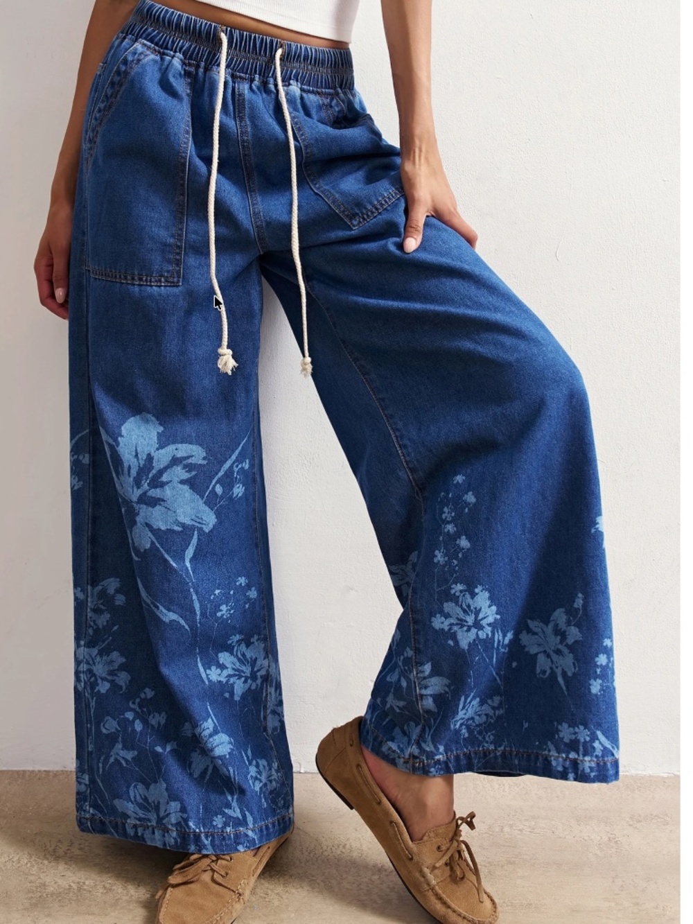 Western Dark Wash Floral Print Stretchy Waist Wide leg Denim Jeans